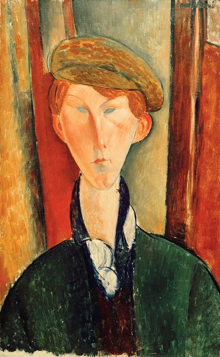 Amedeo Modigliani, Junger Mann mit Mütze (Mann,Mensch,Portrait,Italienische Kunst,Schirmmütze,Schiebermütze,Rote Haare,Ecole De Paris,Brustbild,Mütze,Junger Mann)