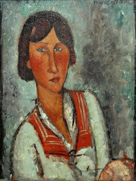 Amedeo Modigliani, Brustbild einer jungen Frau mit Matrosenkragen (Frau,Mensch,Portrait,Italienische Kunst,Pagenschnitt,Matrosenkragen,Kragen,Junge Frau,Ecole De Paris,Brustbild,Frisur)