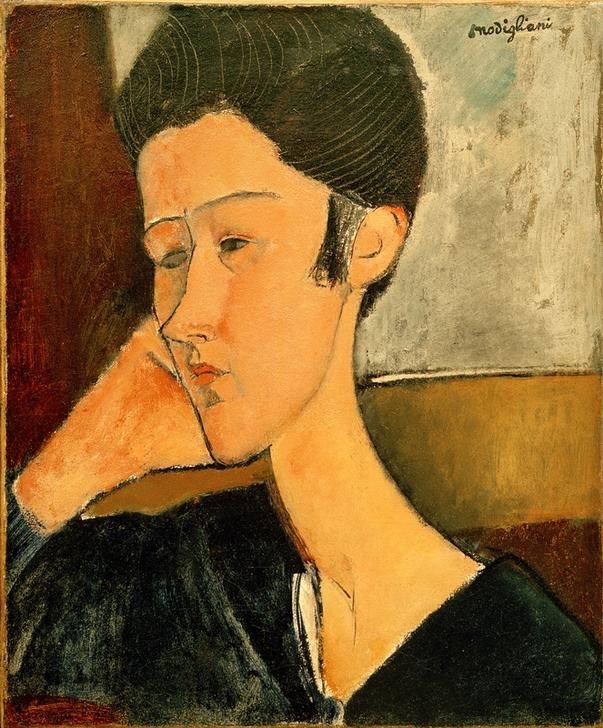 Amedeo Modigliani, Hanka Zborowska (Frau,Mensch,Portrait,Italienische Kunst,Junge Frau,Ecole De Paris,Kopf Stützen,Bubikopf,Frisur)