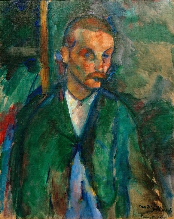 Amedeo Modigliani, Der Bettler von Livorno (Mann,Mensch,Soziales,Schnurrbart,Portrait,Italienische Kunst,Bettler,Fälschung,Halbfigur)