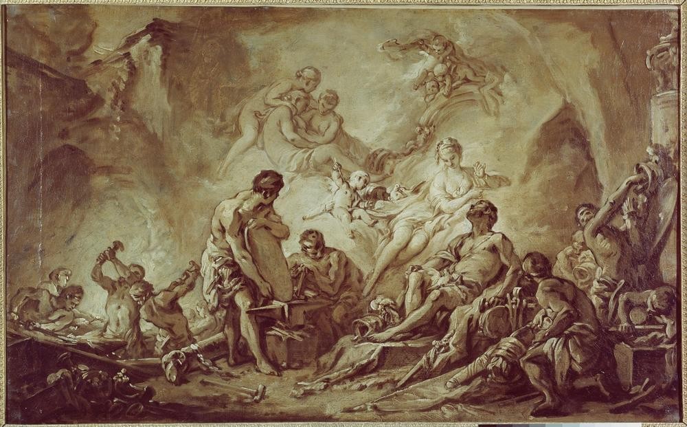 Francois Boucher, Les forges de Vulcain (Mythologie, Schmied, Schmiede,   Amoretten, Monochromie, Waffenschmied, Handwerk, Götter, Rokoko, Klassiker, Wunschgröße, Wohnzimmer, Malerei, bunt)