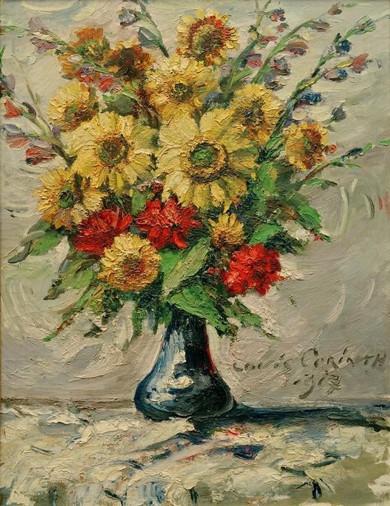 Lovis Corinth, Blumenstrauß in kleiner Vase (Botanik,Deutsche Kunst,Kunst,Sonnenblume,Impressionismus,Stillleben,Blumenstrauss,Vase,Blume)