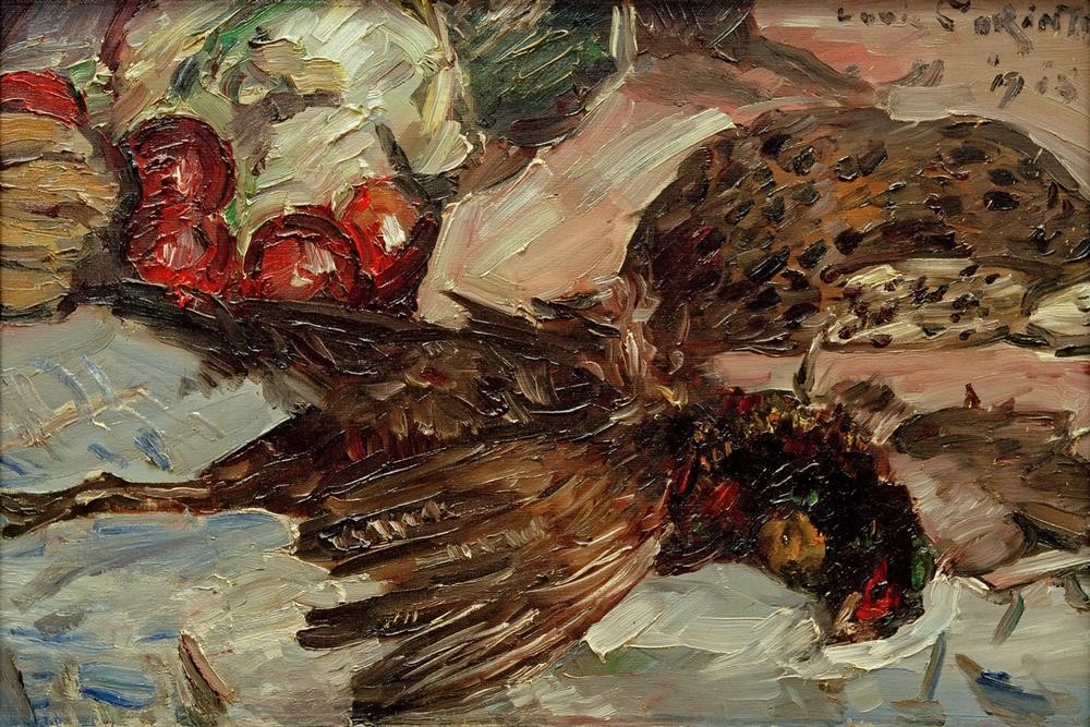 Lovis Corinth, Fasan und Früchte (Apfel,Deutsche Kunst,Fasan,Früchte,Kunst,Obst,Vogel,Impressionismus,Stillleben,Tier,Jagdstillleben,Kadaver)