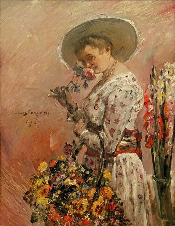 Lovis Corinth, Flora (Damenhut,Deutsche Kunst,Frau,Mythologie,Impressionismus,Hut,Portrait,Riechen,Kleid,Blumenkorb,Blume,Geblümt,Halbprofil,Griechisch-Römische Mythologie)