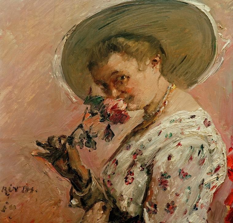 Lovis Corinth, Flora (Damenhut,Deutsche Kunst,Frau,Mythologie,Impressionismus,Hut,Portrait,Riechen,Blume,Griechisch-Römische Mythologie,Ausschnitt)