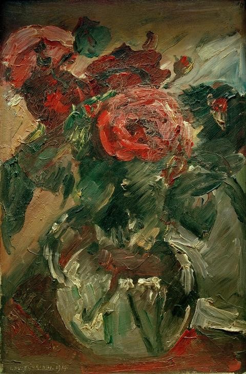 Lovis Corinth, Rote Rosen im Glaskrug (Botanik,Deutsche Kunst,Kunst,Rose,Impressionismus,Stillleben,Blumenstrauss,Vase,Blume,Krug,Glaskrug)
