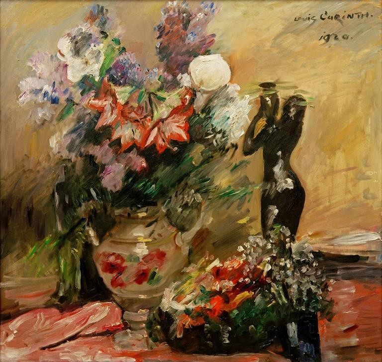 Lovis Corinth, Blumenstillleben (Kalla und Flieder mit Bronzefigur) (Botanik,Deutsche Kunst,Kunst,Impressionismus,Stillleben,Flieder,Blumenstrauss,Vase,Blume,Kalla,Skulptur Im Bild)