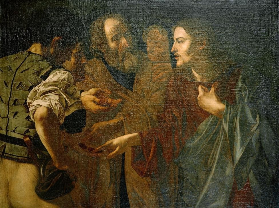 Cecco del Caravaggio, Der Zinsgroschen (Christentum, Geld, Pharisäer, Religion, Barock, Neues Testament, Bibel, Caravaggisten, Pharisäer, Münze Jesu, Zinsgroschen, Wohnzimmer, Wunschgröße, Klassiker)