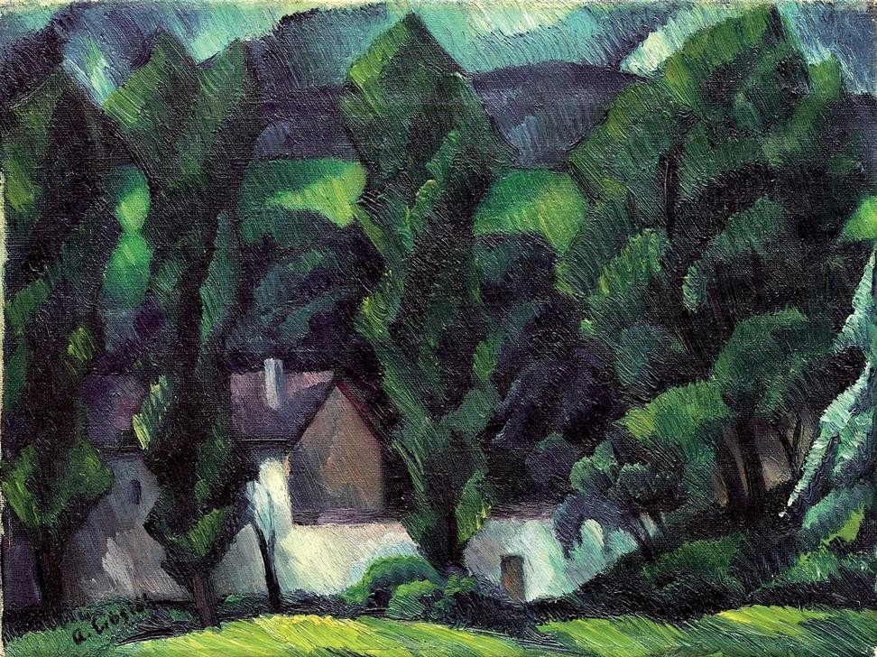 Adolf Erbslöh, Pappeln am Fluss (Architektur,Deutsche Kunst,Gebirge,Haus,Kunst,Landschaft,Wald,Baum,Expressionismus,Architekturdarstellung,Pappel,Berg)