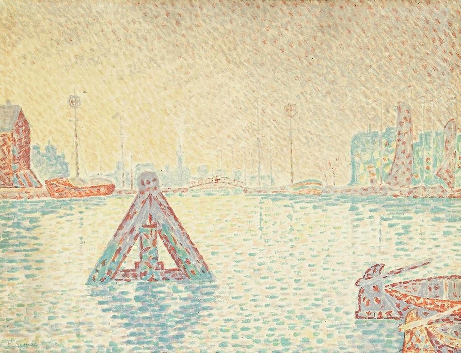 Paul Signac, En Hollande – La Balise (Gewässer,Hafen,Kunst,Landschaft,Wasser,Fluss,Pointillismus,Französische Kunst,Bake,Schifffahrt)