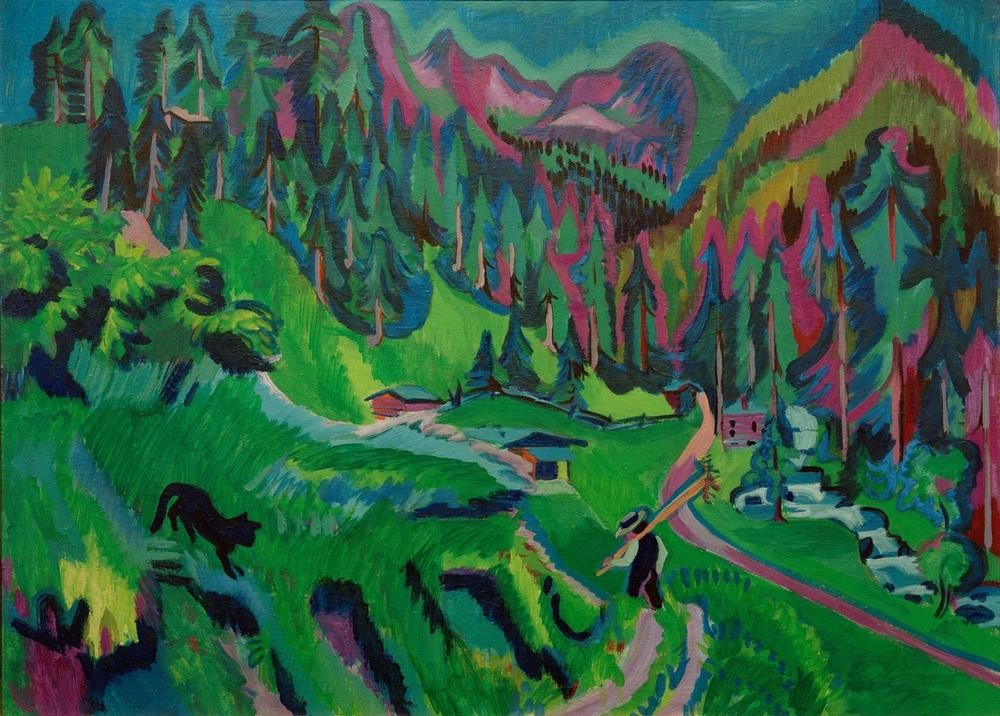 Ernst Ludwig Kirchner, Landschaft Sertigtal (Bauer (Landwirt),Deutsche Kunst,Gebirge,Haus,Katze (Tier),Kunst,Landschaft,Mann,Strasse (Allgemein),Hütte,Wald,Expressionismus,Tal,Weg,Die Brücke,Alm,Berg,Privatsammlung,Nadelbaum)