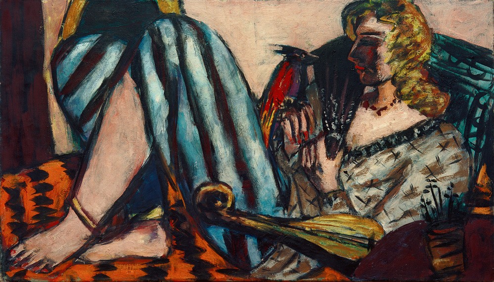 Max Beckmann, Frau mit rotem Hahn (Frau, liegende Frau, Couch, Mandoline, exotisch, Hahn, Menschen, Expressionismus, Klassische Moderne, Malerei, Wohnzimmer, Treppenhaus, Wunschgröße, bunt)