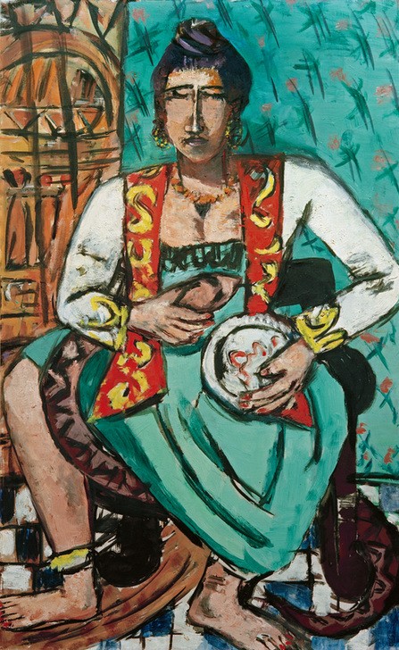 Max Beckmann, Frau mit Schlange (Schlangenbeschwörerin) (Frau, Schlange, exotisch, Expressionismus, Klassische Moderne, Malerei, Wohnzimmer, Treppenhaus, Wunschgröße, bunt)