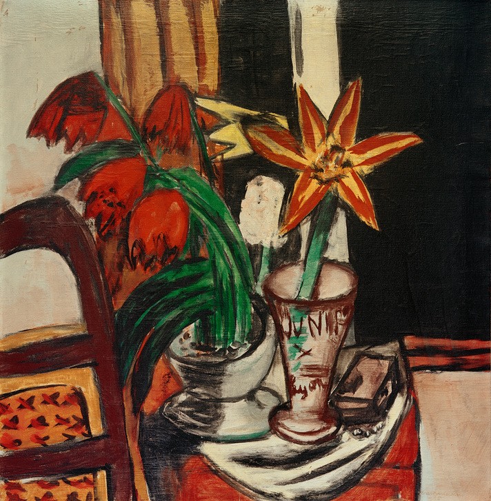 Max Beckmann, Rote Tulpe und Feuerlilien (Stillleben, Blumen, Vasen, Expressionismus, Klassische Moderne, Malerei, Wohnzimmer, Treppenhaus, Wunschgröße, bunt)