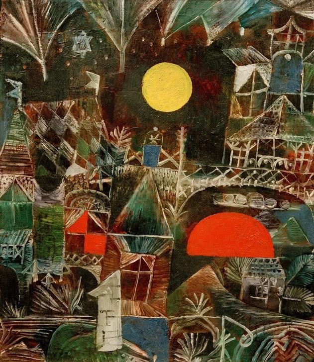 Paul Klee, Mondauf-Sonnenuntergang (Mondaufgang, Sonnenuntergang, Stadt, ,Stern, Tageszeiten,   Abstraktion, Gebäude, Klassische Moderne, Wunschgröße, Wohnzimmer, Treppenhaus, bunt)