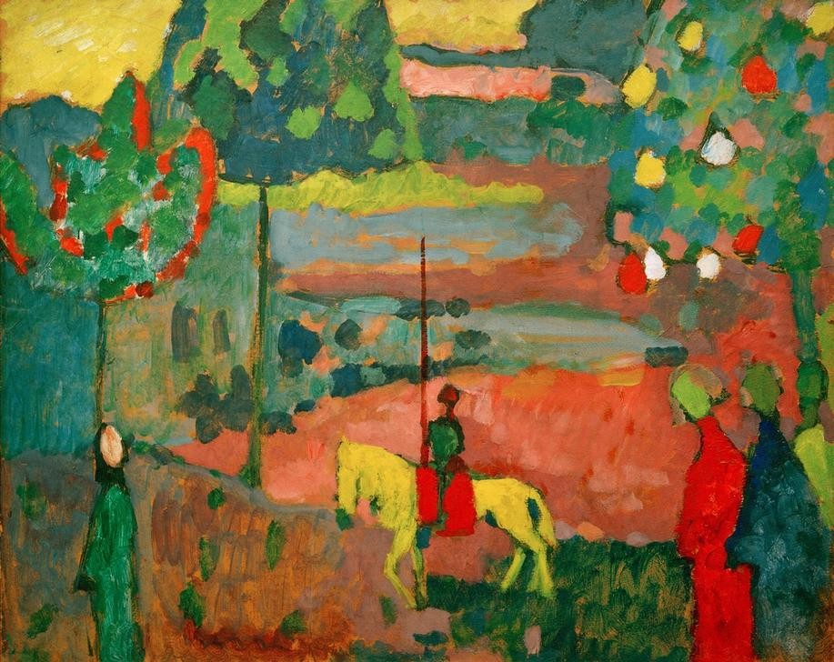 Wassily Kandinsky, Lanzenreiter in Landschaft (Kunst,Landschaft,Militär,Pferd (Tier),Soldat,Waffe,Reiter,Expressionismus,Lanze,Der Blaue Reiter,Russische Kunst,Lancier,Reiten,Jahrhundertwende,Privatsammlung,Farbigkeit)