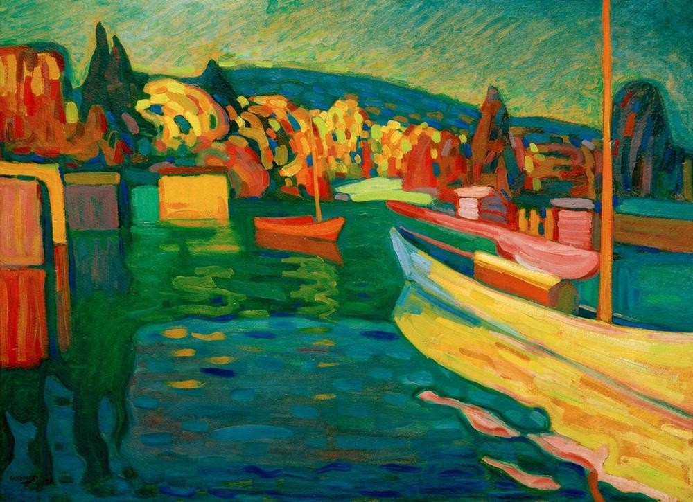 Wassily Kandinsky, Herbstlandschaft mit Booten (Boot,Gebirge,Gewässer,Herbst,Jahreszeiten,Kunst,Landschaft,Segelboot,See,Expressionismus,Russische Kunst,Bootshaus,Hügel,Jahrhundertwende,Berg,Privatsammlung,Farbigkeit,Farbe)
