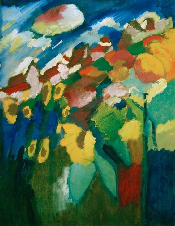 Wassily Kandinsky, Murnau – Garten II (Dorf,Garten Und Park,Haus,Kunst,Landschaft,Stadt,Wolke,Expressionismus,Russische Kunst,Architekturdarstellung,Blume,Abstraktion,Privatsammlung,Garten,Farbe)