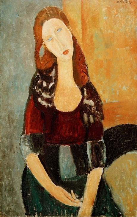 Amedeo Modigliani, Jeanne Hébuterne assise (Frau,Maler (Künstler),Portrait,Künstlerfrau,Italienische Kunst,Sitzen,Ecole De Paris,Privatsammlung,Person)