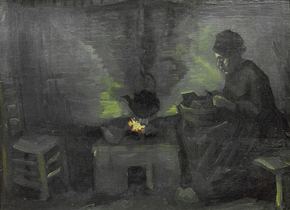 Vincent van Gogh, Bäuerin, am Herdfeuer sitzend (Bauer (Landwirt),Feuerstelle,Feuer,Frau,Hausarbeit,Herd,Koch,Küchengeräte,Küche,Impressionismus,Portrait,Bäuerin,Niederländische Kunst,Gefäss,Topf,Teekessel,Landwirtschaft,Alltag,Vier Elemente)