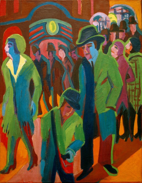Ernst Ludwig Kirchner, Straße mit Passanten bei Nachtbeleuchtung (Deutsche Kunst,Stadt,Strasse (Allgemein),Strassenszene,Verkehr,Tageszeiten,Nacht,Expressionismus,Die Brücke,Fussgänger,Passant,Passantin,Fussgängerin)