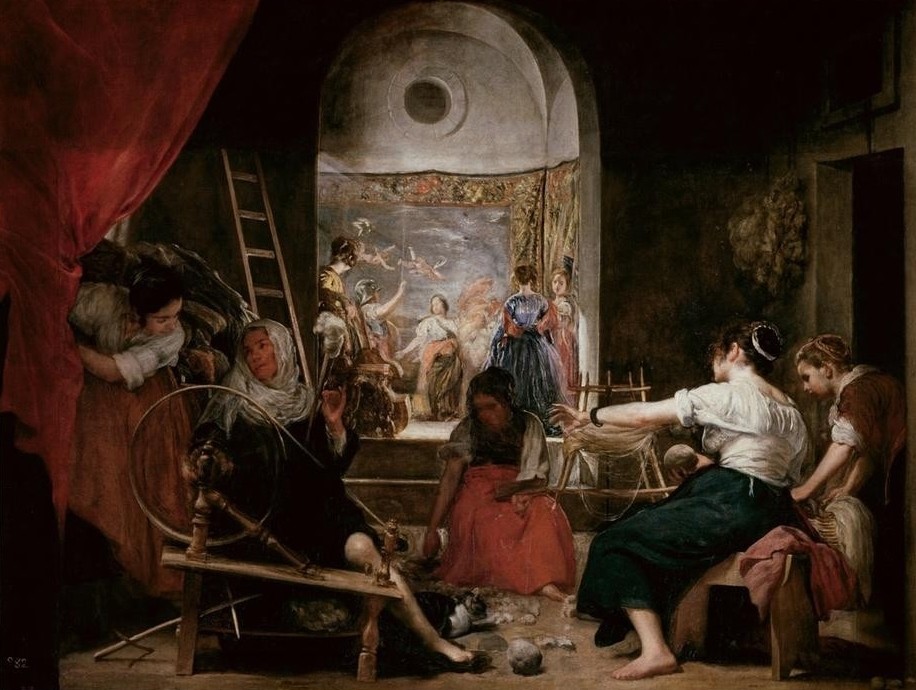 Diego Rodriguez de Silva y Velasquez, Die Spinnerinnen (Frau Und Beruf,Frau,Handarbeit,Sage,Industrie,Mythologie,Manufaktur,Spinnen,Textil,Barock,Allegorie,Weberei,Legende,Spinnerei,Spanische Kunst,Spinnrad,Fabel,Gobelinmanufaktur,Götter,Göttin,Frauenleben,Textilindustrie,Zusammenarbeit,Spinnerin,Griechisch-Rö)