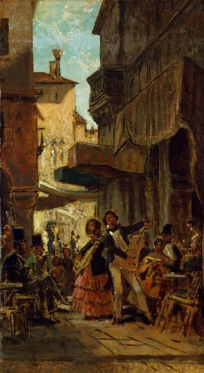 Carl Spitzweg, Italienische Straßensänger (Deutsche Kunst,Gastronomie,Gesang,Konzert,Musik,Strassenszene,Szene,Volksmusik,Volkskunde,Strassenmusikant,Strassencafe,Land Und Leute)