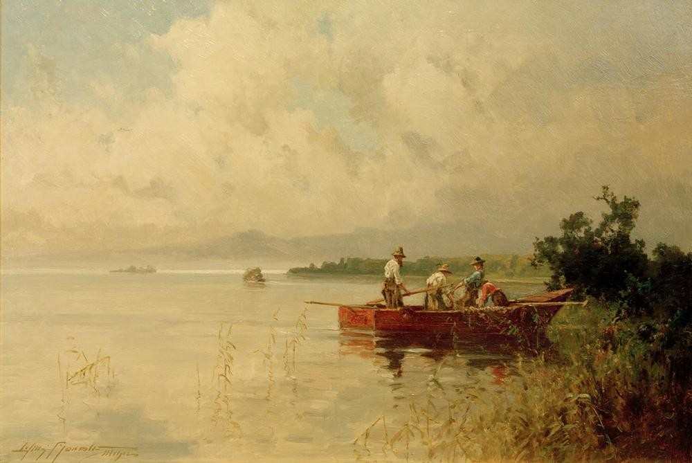 Willy Moralt, Fischer am sommerlichen Chiemseeufer (Boot,Deutsche Kunst,Fischer,Fischerei,Himmel (Natur),Jahreszeiten,Kunst,Landschaft,Mensch,Meteorologie,Sommer,Wolke,Impressionismus,See,Ufer,Privatsammlung,Signatur,Schifffahrt)