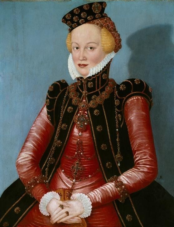 Lucas Cranach der Ältere, Bildnis einer Dame (Portrait, Dame, Eleganz, Adel, Damenhut, Damenmode, Schmuck, Halskette, Adel, Halskrause, Klassiker, Renaissance, Wunschgröße, Wohnzimmer)