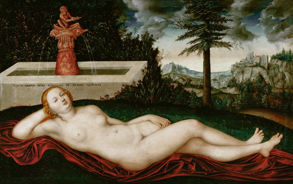 Lucas Cranach der Ältere, Liegende Quellnymphe (Wasser, Wasserwesen, Nymphe, Elemente, Mythologie, Brunnen, Aktmalerei, Allegorie, Quelle,  Mythologie, Klassiker, Renaissance, Wunschgröße, Wohnzimmer)