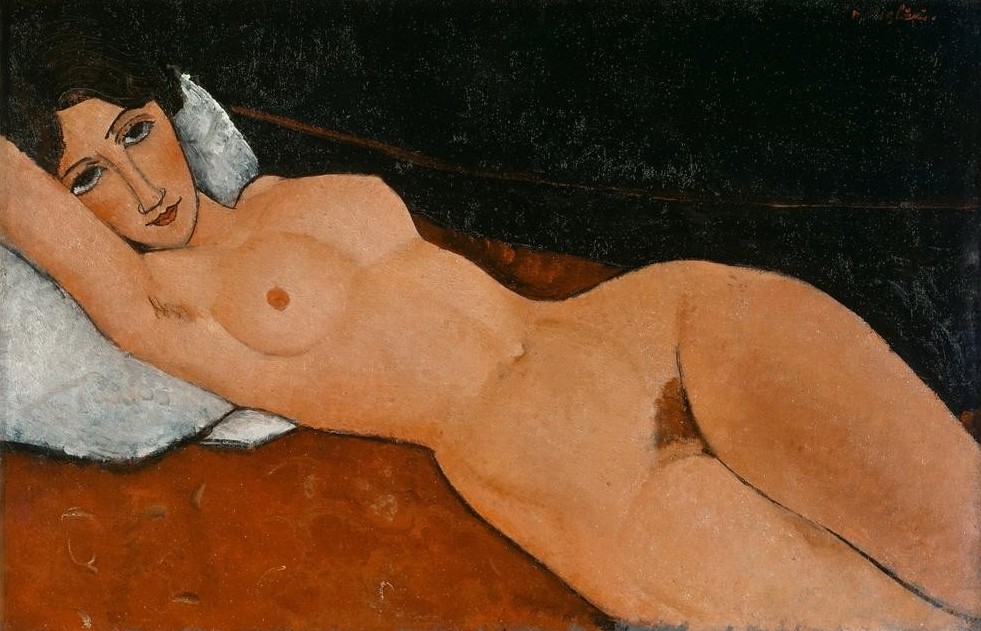 Amedeo Modigliani, Liegender Frauenakt auf weißem Kissen (Frau,Akt,Kissen,Italienische Kunst,Liegen,Ecole De Paris)