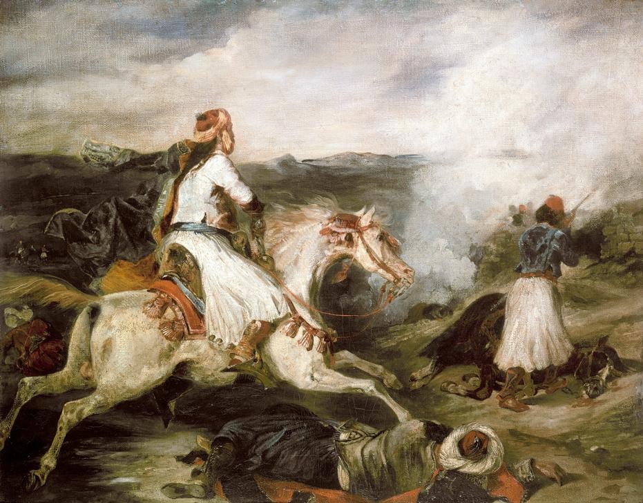 Eugene Delacroix, Scène de la guerre en Grèce (Geschichte, Militär, Pferd  Reiter, Griechischer Unabhängigkeitskrieg, Janitscharen, Osmanisches Reich, Wunschgröße, Spätromantik, Klassiker, Malerei, Wohnzimmer, bunt)