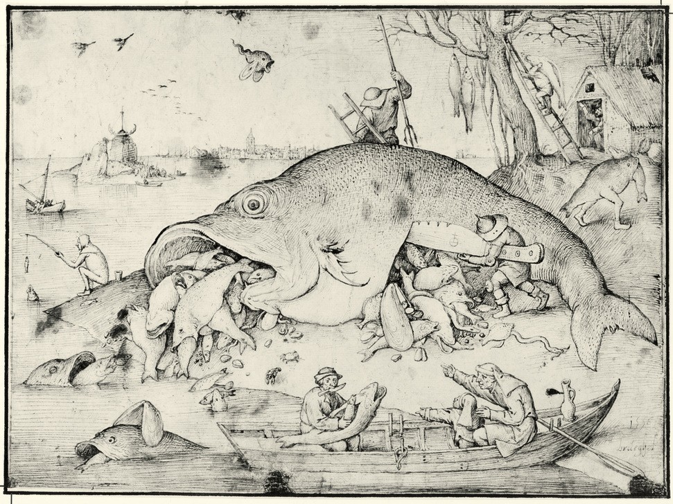 Pieter Brueghel der Ältere, Die großen Fische fressen die kleinen (großer Fisch, kleine Fische, fressen und gefressen werden, Boot, Parabel, Aufschlitzen, Menschen, Schlachten, Sprichwort, Gier, Völlerei, Renaissance, Klassiker, Zeichnung, Wunschgröße, Wohnzimmer, bunt)