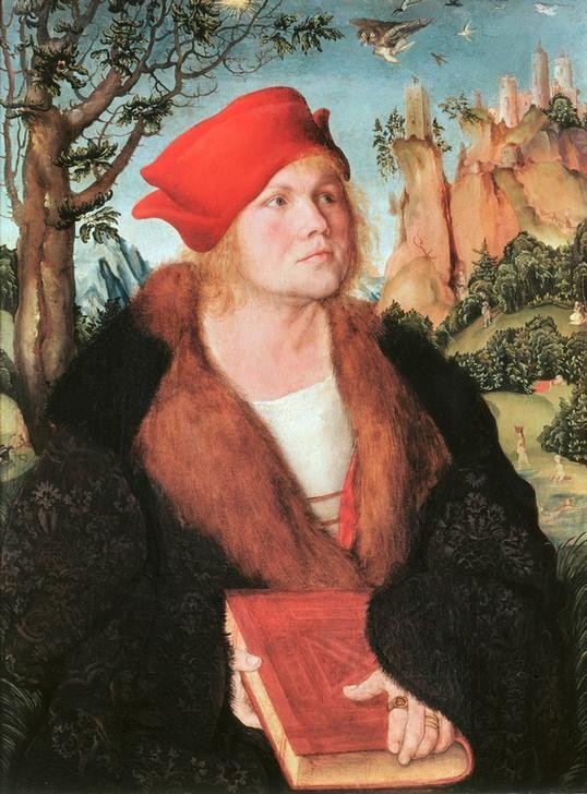Lucas Cranach der Ältere, Johannes Cuspinian (Diplomat, Gelehrter, Humanist, Persönlichkeiten, junger Mann, Ring, Portrait, Pelzkragen, Melancholiker, Buch, Landschaft, Klassiker, Renaissance, Wunschgröße, Wohnzimmer)