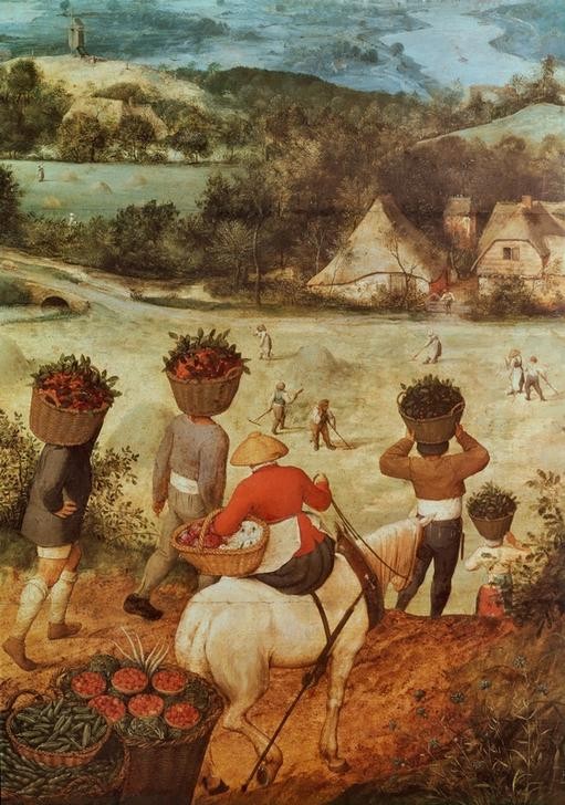 Pieter Brueghel der Ältere, Die Heuernte (Bauer (Landwirt),Ernte,Flämische Kunst,Jahr Und Kalender,Jahreszeiten,Juli,Kunst,Landschaft,Monat,Pferd (Tier),Sommer,Renaissance,Heu,Bäuerin,Niederländische Kunst,Landleben,Landbevölkerung,Auf Dem Kopf Tragen,Landwirtschaft,Ausschnitt)