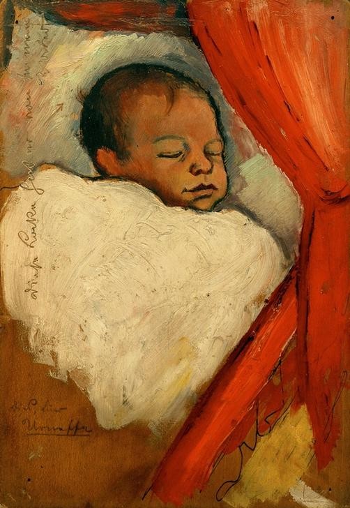 August Macke, Walter, drei Tage alt (Kinderbild In Der Kunst,Baby,Deutsche Kunst,Familie,Kind,Künstler,Kunst,Maler (Künstler),Mann,Mensch,Portrait,Der Blaue Reiter,Vorhang,Knabe,Sohn,Kind Berühmter Persönlichkeiten,Sohn Von Berühmten,Kinderbildnis,Jungverstorbene,Privatsammlung,Schlafen (Sch)