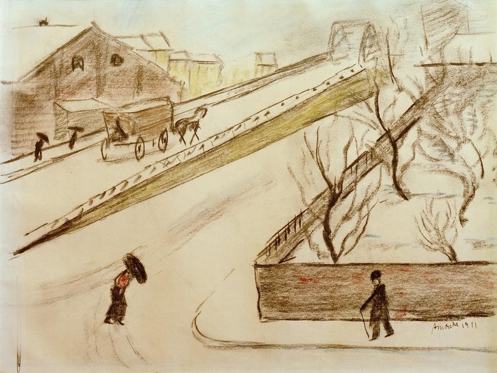 August Macke, Straßenecke im Schnee (Brücke,Deutsche Kunst,Jahreszeiten,Kutsche,Landschaft,Mauer (Architektur),Strasse (Allgemein),Strassenszene,Winter,Schnee,Architekturdarstellung,Fussgänger,Privatsammlung,Passant,Passantin,Fussgängerin,Strassenecke,Sturm)