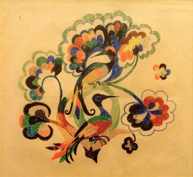August Macke, Bunte Vögel in Bäumen, Entwurf für Stickerei (Deutsche Kunst,Kunst,Textil,Vogel,Zoologie,Ornamentik,Baum,Expressionismus,Der Blaue Reiter,Entwurf,Privatsammlung)