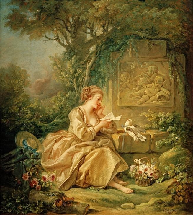 Francois Boucher, Die heimliche Botschaft (Garten, Brief, Taube, Frau, Liebe, Menschen, Rosen, Heimlichkeit, Genre, idealisiert, Idylle,  Landschaft, Rokoko, Malerei, Klassiker, Wunschgröße, Wohnzimmer, bunt)