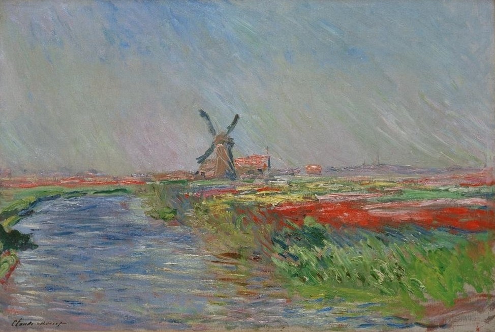 Claude Monet, Champs de tulipes en Hollande (Kanal,Kunst,Landschaft,Mühle,Tulpe,Windmühle,Impressionismus,Ebene,Französische Kunst,Feld,Blume,Blumenzucht)