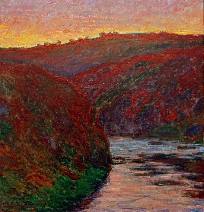 Claude Monet, Creuse, soleil couchant (Kunst,Landschaft,Sonnenuntergang,Tageszeiten,Abend,Impressionismus,Fluss,Tal,Französische Kunst,Abendrot)