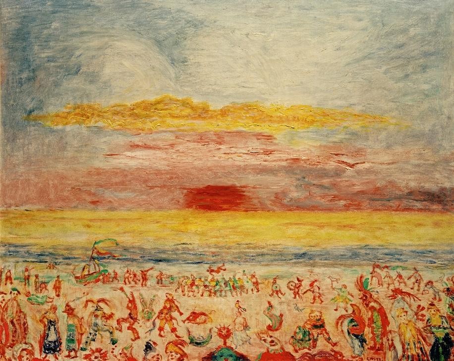 James Ensor, Karneval in Ostende (Brauchtum,Feste,Kalenderfeste,Kunst,Landschaft,Maskerade,Seebad,Sonnenuntergang,Strand,Volksfest,Tageszeiten,Abend,Meer,Symbolismus,Phantastische Kunst,Belgische Kunst,Privatsammlung,Farbigkeit,Karneval,Verkleidung,Signatur,Farbe)