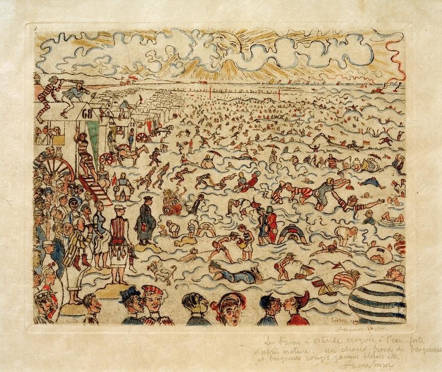 James Ensor, Les bains à Ostende / De baden te Ostende (Bad Im Freien,Bad,Handschrift,Karikatur,Kunst,Landschaft,Freizeit,Schwimmen,Seebad,Strand,Meer,Symbolismus,Reise,Badekarren,Menschenmenge,Belgische Kunst,Überfüllung,Jahrhundertwende,Zungenkuss,Schrift,Signatur)