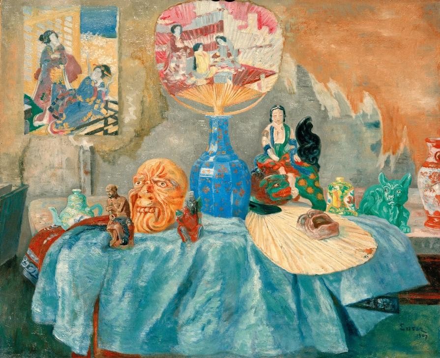 James Ensor, Chinoiserien (Fächer,Kunst,Symbolismus,Bild Im Bild,Stillleben,Vase,Chinoiserie,Belgische Kunst,Gefäss,Exotik,Japanmode,Tier,Skulptur Im Bild,Maske (Gegenstand),Signatur)