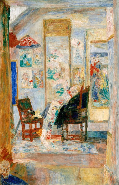 James Ensor, Skelett beim Betrachten von Chinoiserien (Atelier,Gespenst,Kunst,Mensch,Tod,Totentanz,Skelett,Symbolismus,Bild Im Bild,Knochenmann,Bild Und Betrachter,Interieur,Phantastische Kunst,Belgische Kunst,Untote,Betrachten,Sitzen,Inneneinrichtung,Signatur)