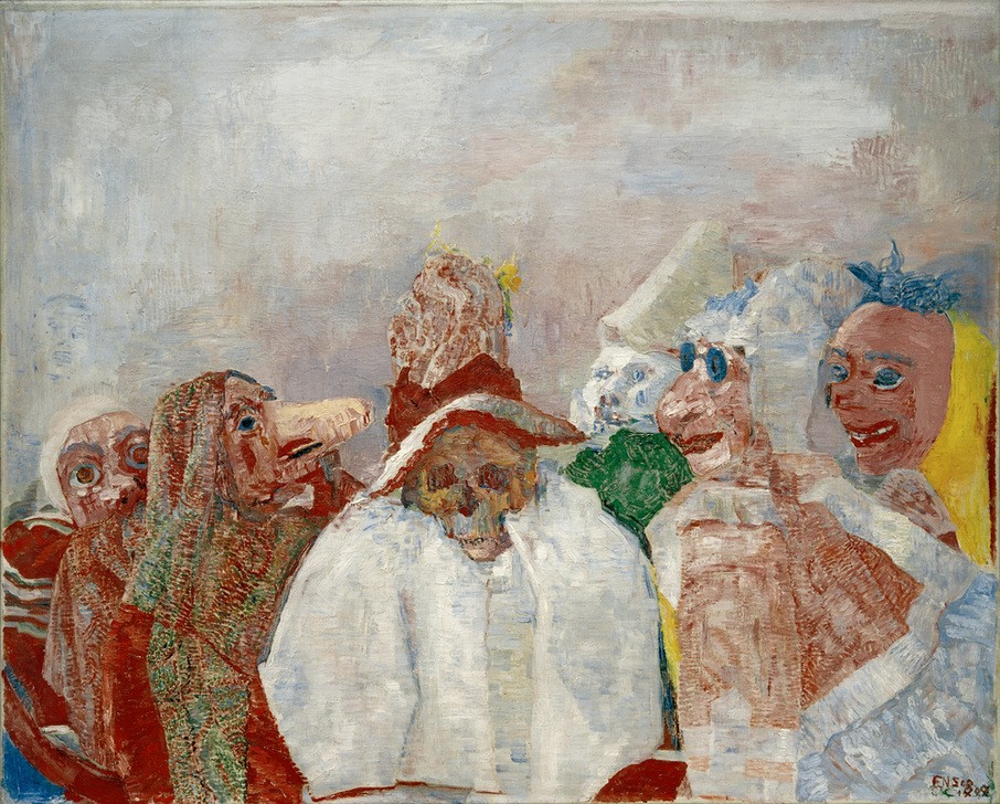 James Ensor, Den Tod verspottende Masken (Masken begegnen dem Tod) (Kunst,Maskerade,Mensch,Tod,Totentanz,Spott,Symbolismus,Knochenmann,Phantastische Kunst,Totenkopf,Belgische Kunst,Maske (Gegenstand),Karneval,Verkleidung,Signatur)