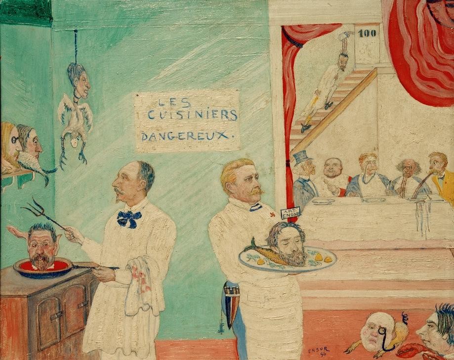 James Ensor, Die gefährlichen Köche (Beruf,Essen Und Trinken,Kunstkritiker,Gastronomie,Satire,Huhn,Karikatur,Koch,Künstler,Kunst,Tafelsitten,Tod,Selbstbildnis,Symbolismus,Kunstkritik,Portrait,Kritik,Märtyrer,Künstlervereinigung,Phantastische Kunst,Belgische Kunst,Braten,Johannesschüssel,Kopf)