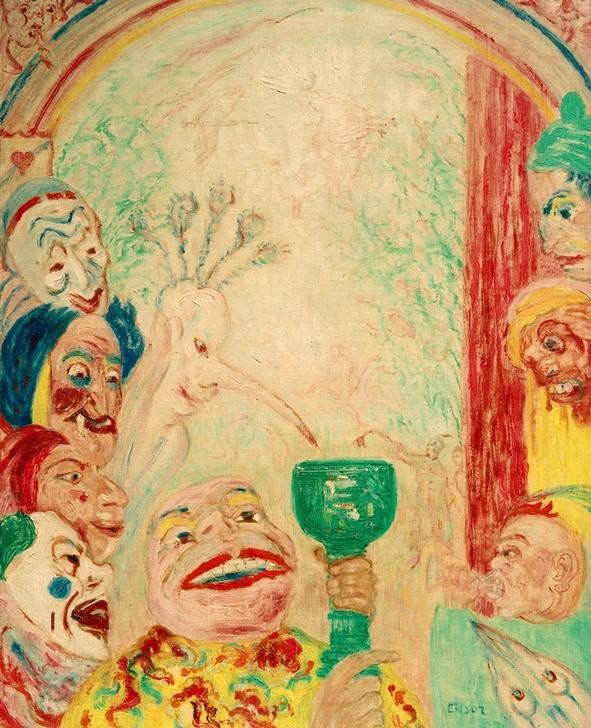 James Ensor, Der Gesang des Weins (Alkohol,Feste,Glas,Kalenderfeste,Kunst,Maskerade,Wein,Symbolismus,Trinken,Phantastische Kunst,Belgische Kunst,Weinglas,Trinkglas,Privatsammlung,Maske (Gegenstand),Karneval,Verkleidung,Signatur,Feier)