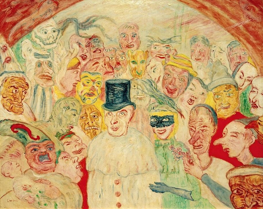 James Ensor, Les Masques intrigués (Brautpaar,Feste,Gesellschaftliches Leben,Gesellschaft,Gruppenbild,Hochzeit,Kalenderfeste,Kopfbedeckung,Kunst,Liebe Und Ehe,Maskerade,Tod,Zylinder (Hut),Symbolismus,Bürgertum,Phantastische Kunst,Totenkopf,Pierrot,Belgische Kunst,Paar,Gesellschaftskritik,Hä)