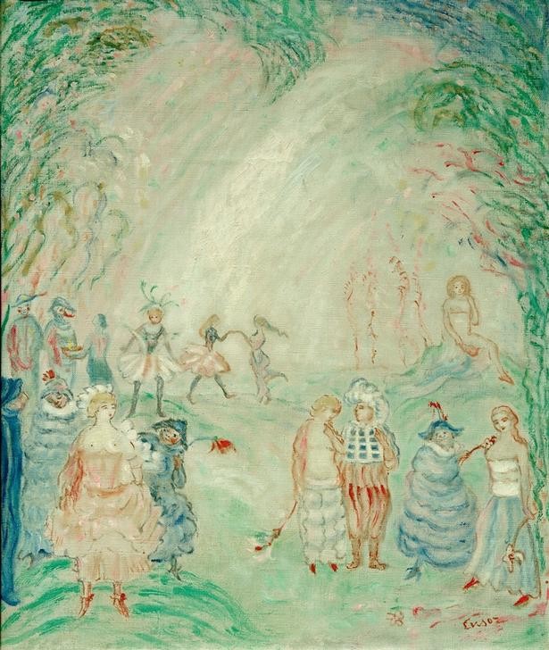 James Ensor, Blumige Figuren (Garten Und Park,Kunst,Liebe,Liebe Und Ehe,Liebespaar,Maskerade,Menschen Im Park,Park,Freizeit,Spaziergang,Symbolismus,Phantastische Kunst,Belgische Kunst,Paar,Menschen Im Garten,Privatsammlung,Verkleidung,Signatur,Garten)